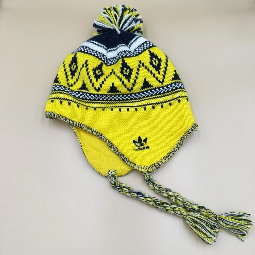 Adidas University of Michigan Logo Knit Earflap Pom Pom Hat Blue Yellow OS